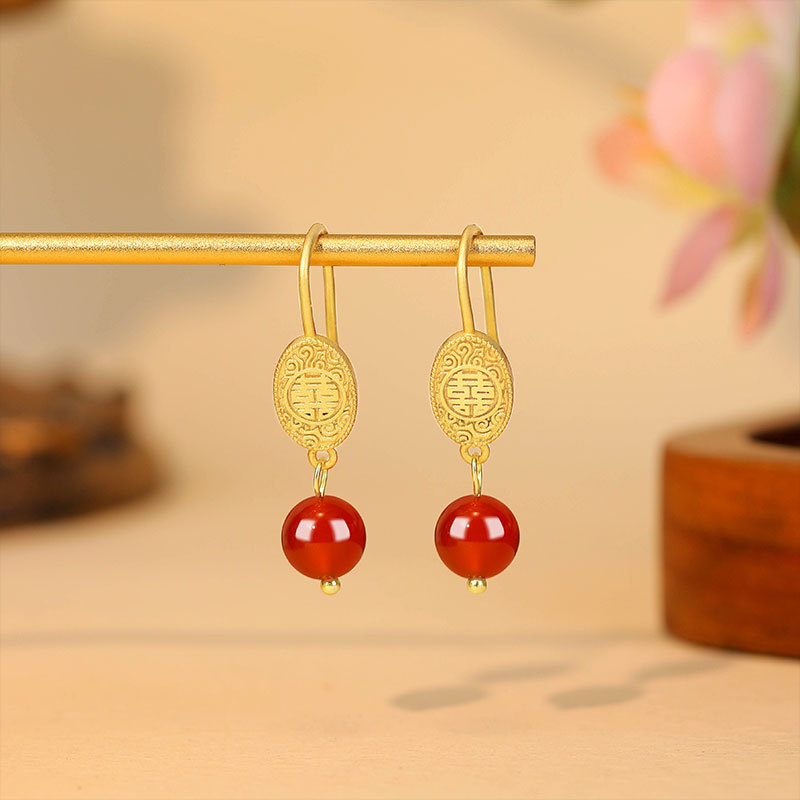 Natural Red Jade Bead Earrings - Gold Plated Jewelry ulasan dan harga